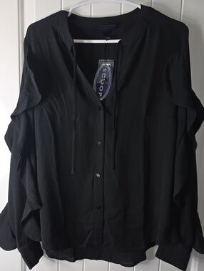 Scoop Black Ruffle-Sleeve Button Front Women's Blouse Small NWT